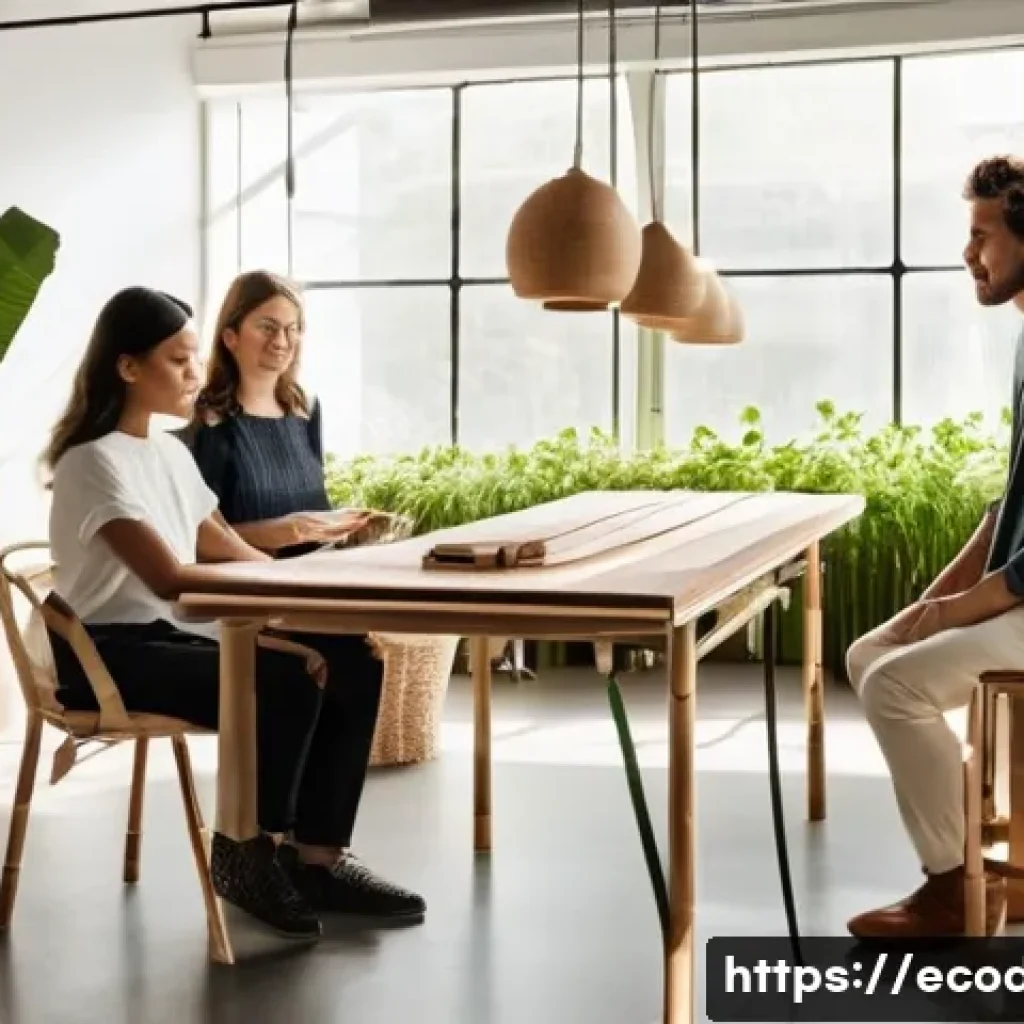 에코디자인 업무 사례 분석 - **Prompt:** A minimalist, sun-drenched interior design studio. In the foreground, a young, diverse g...