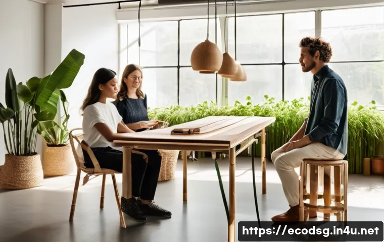 에코디자인 업무 사례 분석 - **Prompt:** A minimalist, sun-drenched interior design studio. In the foreground, a young, diverse g...